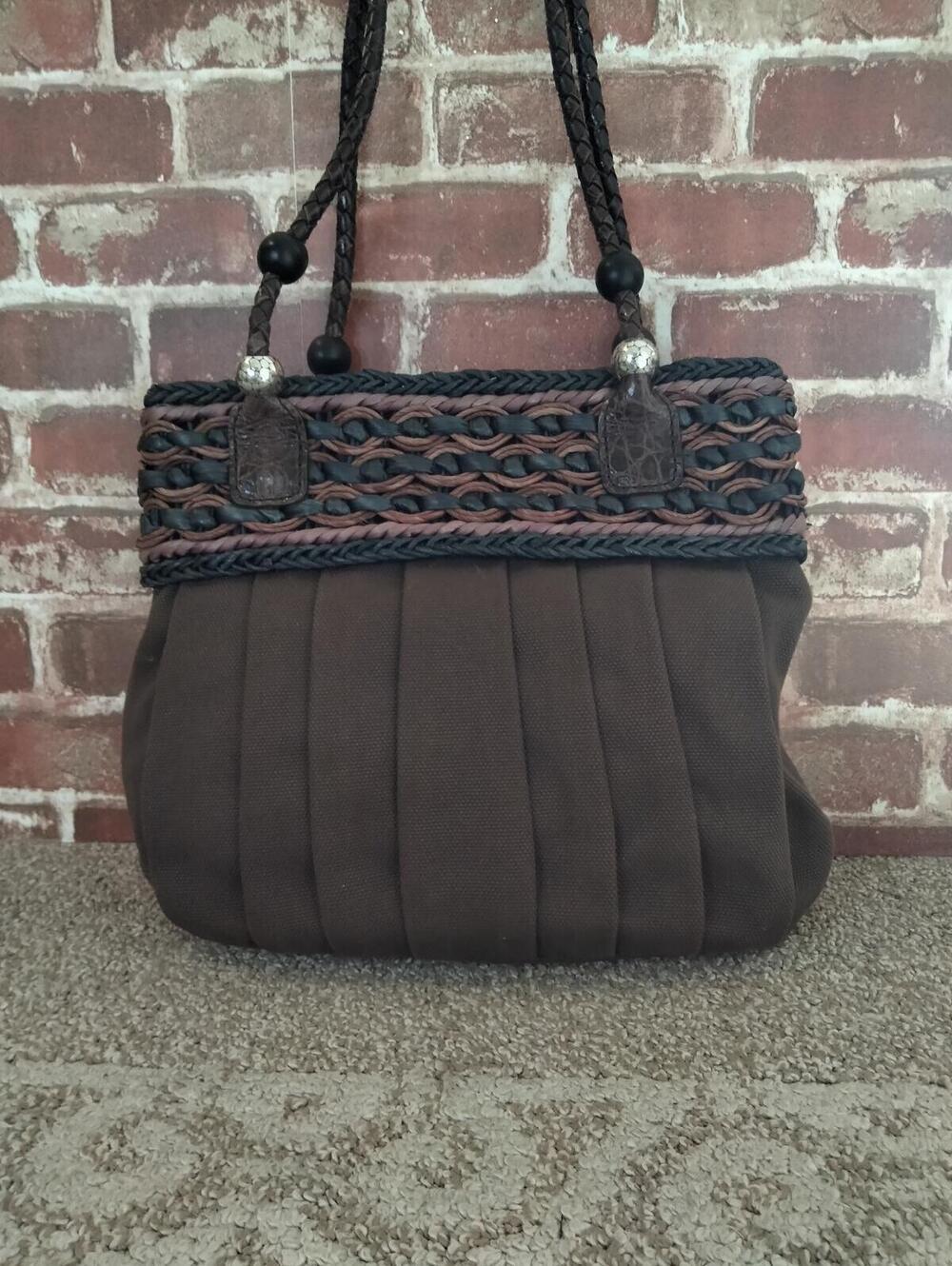 Brighton Brown Shoulder Bag Pleated Canvas Woven Straw Beaded Boho Purse